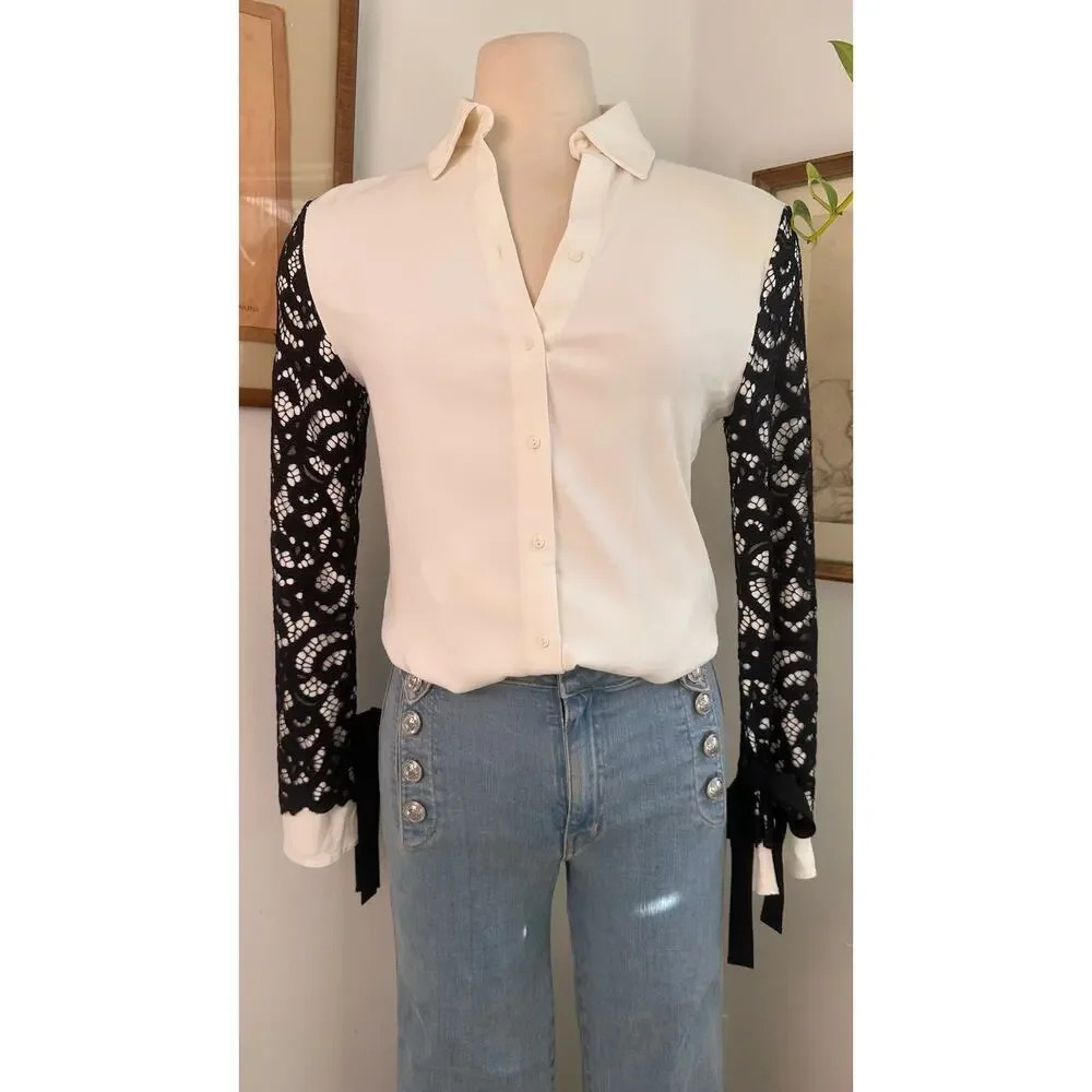 White Blouse with Black Lace Sleeves, Button-Up Shirt Dressy Blouse